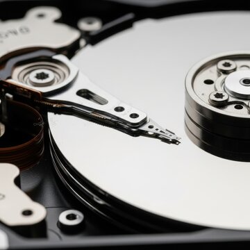 Close up view of internal hard drive components.