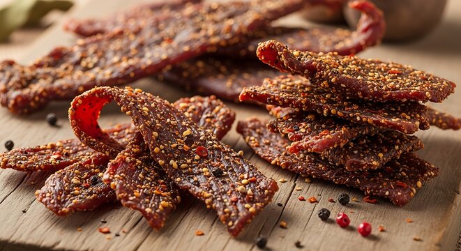 Savory beef jerky seasoned with pepper on wooden board