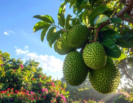 Green custard apples growing on a leafy tree.