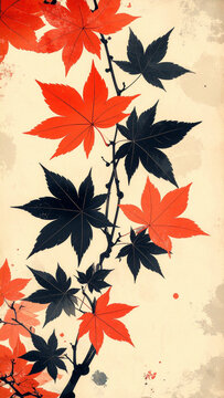 Japanese ukiyo-e style maple leaves background texture for design use 3