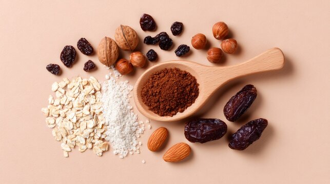 natural energy sources food flat lay, nuts fruit oats, caffeine alternative nutrition concept, commercial food photography