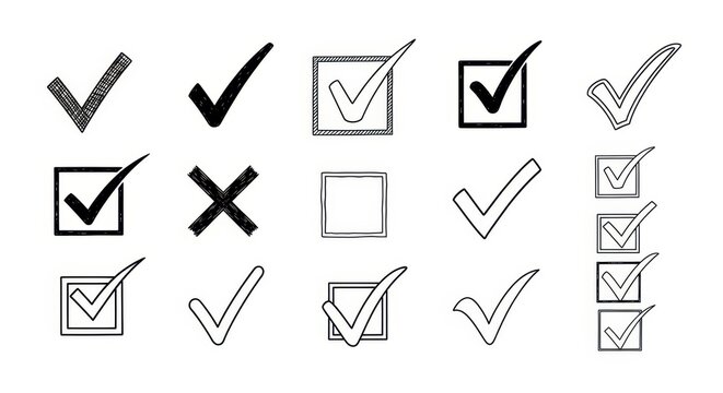 Collection of checkmark and cross symbols in black and white.