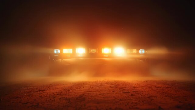 Bright headlights of a vehicle shining through fog on a dark road at night.