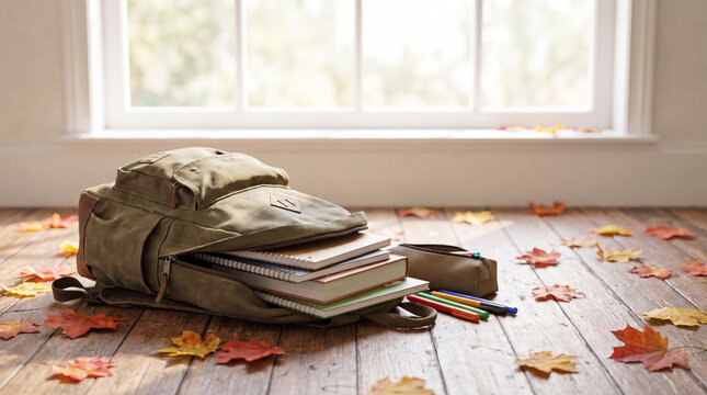 Canvas backpack with books, notebook and colored pencils spilling onto a wooden floor with autumn leaves is perfect for back-to-school social posts