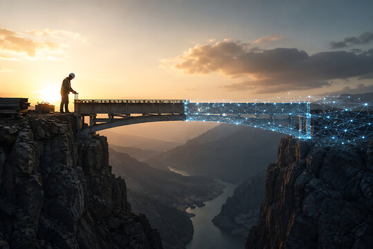 Industrial bridge engineer stands on cliff edge at sunset overlooking digital construction grid overlay symbolizing civil engineering and future infrastructure
