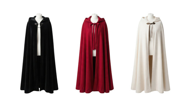 Three long hooded cloaks in black red and white colors isolated on transparent background