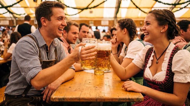 Two young friends in dirndl and lederhosen are clinking beer steins at Oktoberfest, authentic Bavarian celebration for event posters