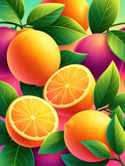 Fototapeta premium Tropical citrus fruit botanical illustration with lemon, orange, grapefruit, leaf, and colorful watercolor texture creating vibrant vintage garden composition