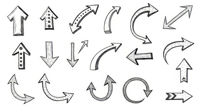 Collection of Hand Drawn Arrow Icons in Various Directions.