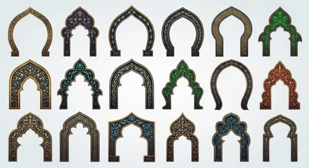 Naklejka premium Collection of ornate horseshoe arch designs in various colors.
