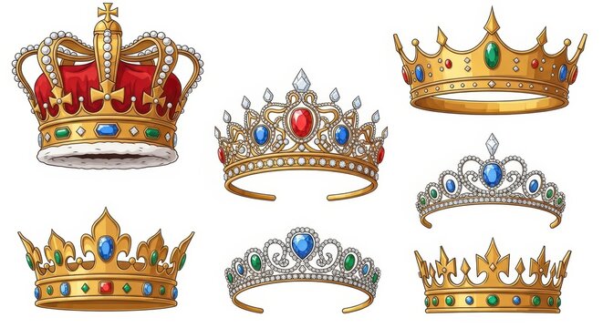 Collection of ornate royal crowns and tiaras illustration.