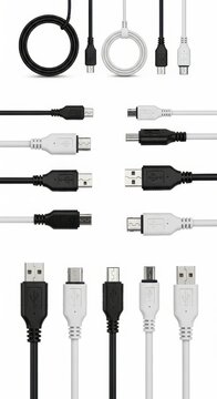 Collection of USB and Micro USB Cables in Black and White.