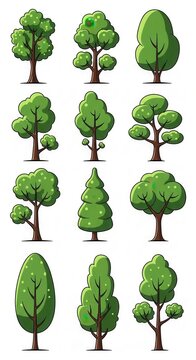 Collection of Various Green Tree Illustrations on White Background.