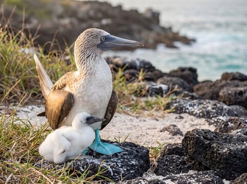 Blue-footed Booby Parent Protecting Fluffy Chick on Tropical Island Nesting Ground