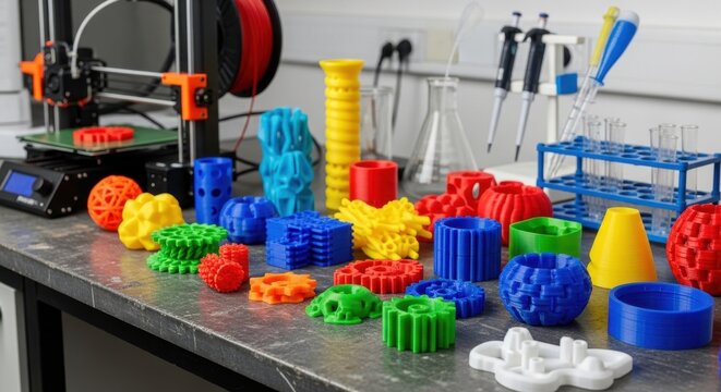 Colorful 3D printed plastic objects on workbench with printer.