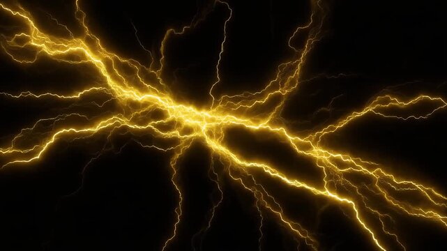Gold unformed plasma energy slowly fractures into branching luminous thunders against black, creating dynamic golden energy, radiant tendrils, futuristic atmosphere, and dramatic abstract motion.