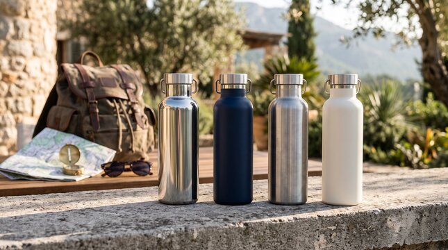 Four reusable stainless steel insulated water bottles on a stone ledge during a hiking trip