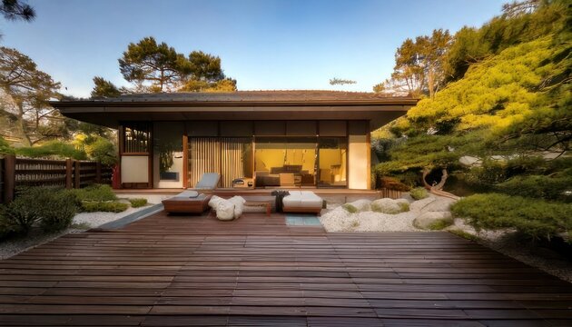 Modern house with wooden deck patio.