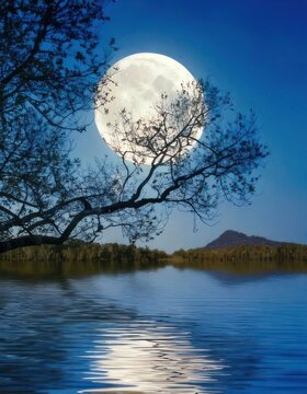 Moonlight Reflected on Serene Lake Water.