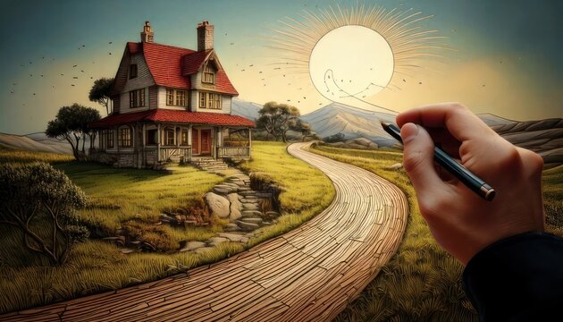 Hand drawing house on rural road.