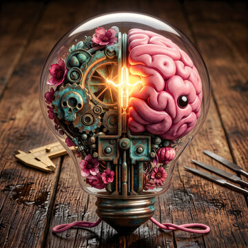 Steampunk brain machine with mechanical gears and exposed wiring on rustic wooden surface