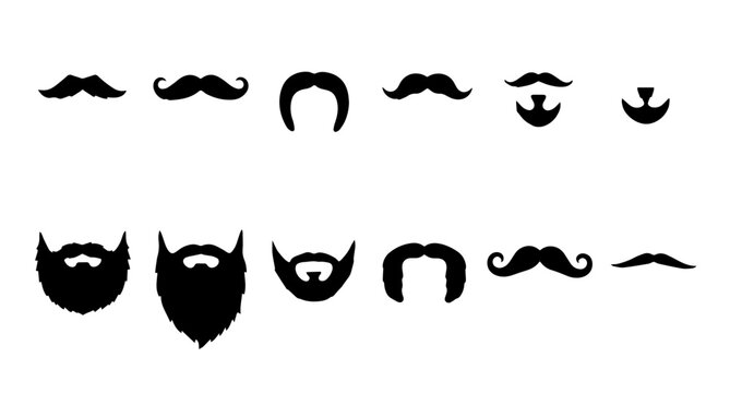 Beard and mustache facial hair styles black silhouette vector icons set