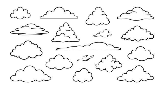 Cloud outline vector set with assorted fluffy sky and weather formations.