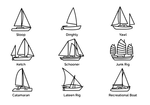 Sailboat types and sailing vessel line art outline vector icons set