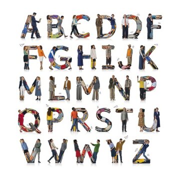 Colorful Alphabet Letters with Human Silhouettes Design.