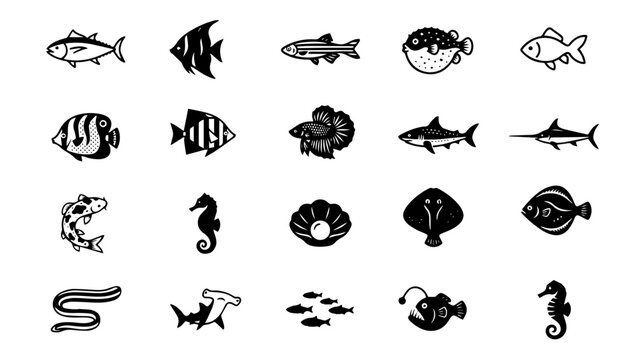 Sea life and fish species black silhouette vector icons set on white