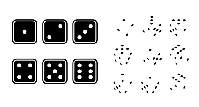 Dice and random number vector icon set with dotted dice patterns and game symbols