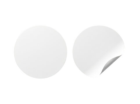 Blank white round paper stickers with curled corner as isolated on transparent background
