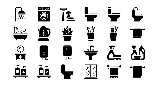 Bathroom and home appliance vector icon set with plumbing and household fixtures