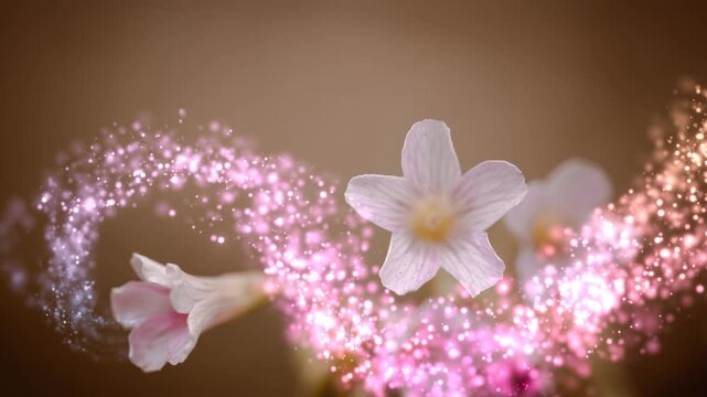 Vibrant pink and purple flowers with magical glitter effect in 3D render
