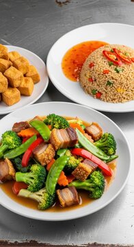 Colorful Asian Stir Fry and Rice Dishes on White Plates.