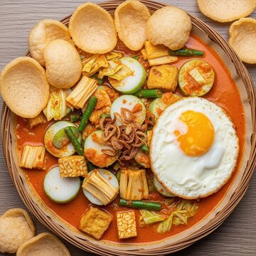 Colorful Asian Noodle Bowl with Fried Egg and Crackers.