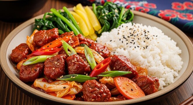Colorful Asian Stir Fry with Rice and Vegetables on Plate.