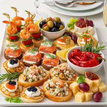 Colorful Assorted Appetizers and Canapes on White Platter.