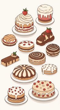 Colorful Assorted Desserts and Cakes Illustration.