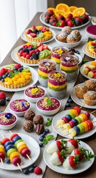 Colorful Assorted Desserts and Fruit Skewers on Table.