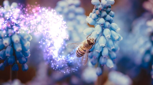 Intricate 3D render of bees amidst sparkling blue flowers and light effects
