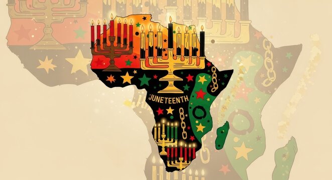 Colorful Africa Map with Kwanzaa Symbols and Celebration Theme.