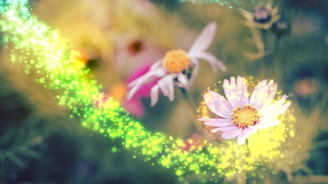 Vibrant 3D render of blooming flowers with glowing effects