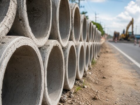 A close-up view of stacked concrete drainage pipes alongside a road with construction equipment.
