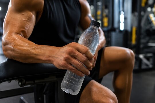 A muscular bodybuilder in a gym holding a cold bottle of water while resting on a workout bench.