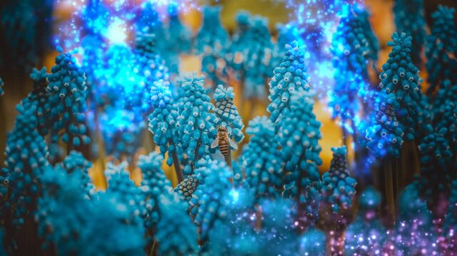 Vibrant, glowing 3D render of stylized blue and orange foliage.
