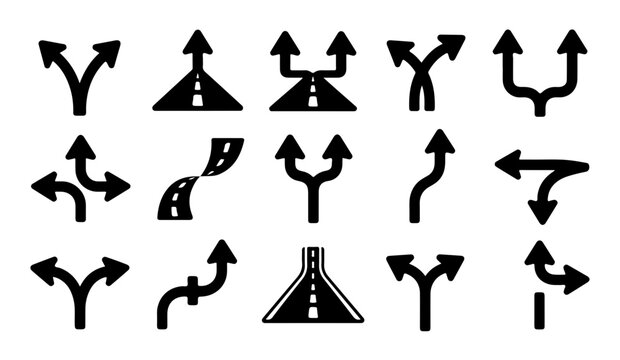 Directional arrow road icons showing lane merges and path splits for map design assets.