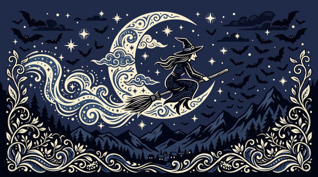 Mystical Witch Flying on Broomstick Moonlit Vector Illustration