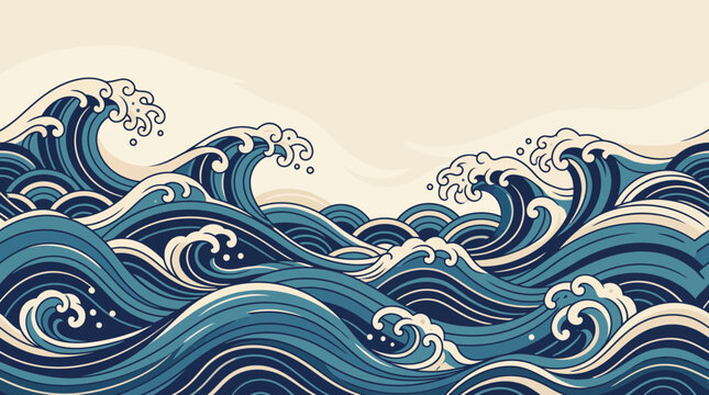 Dynamic Blue Ocean Wave Vector Illustration with Traditional Japanese Aesthetic