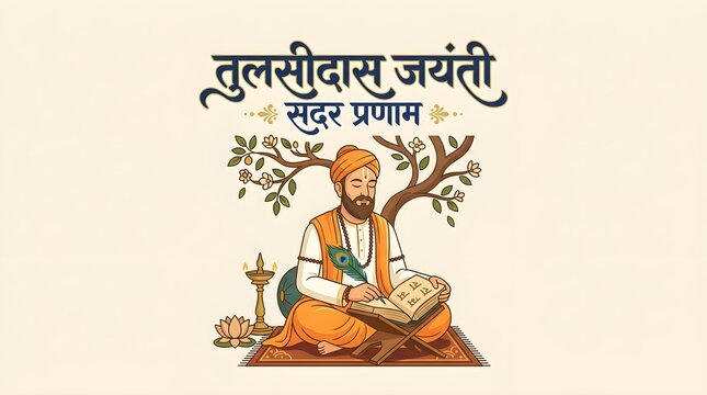 Saint Goswami Tulsidas Vector Illustration Writing Holy Scripture with Peacock Feather Quill under Flowering Tree, Diya Lamp, Lotus Flower, and Hindi Calligraphy